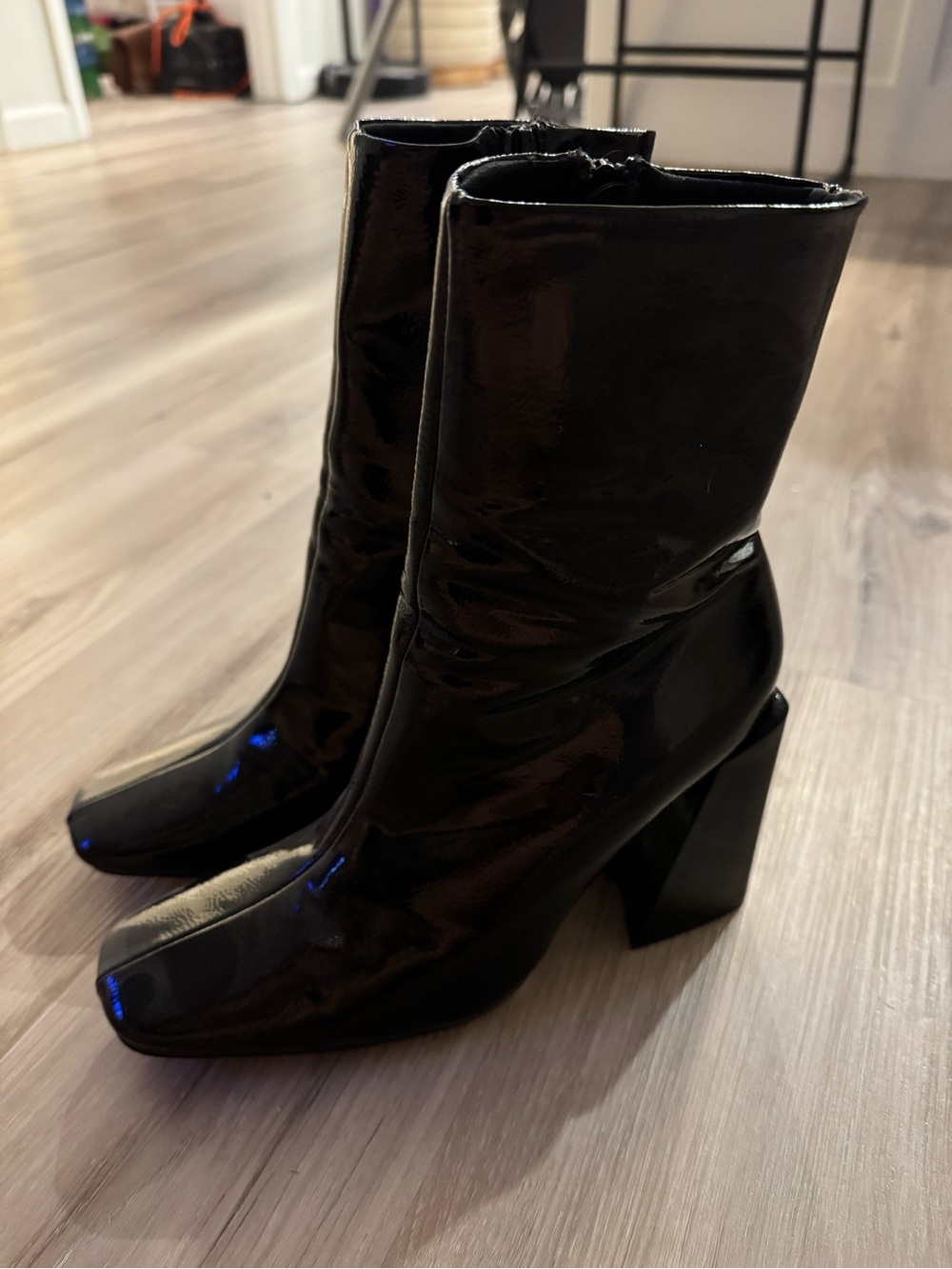 Nasty Gal Black Patent Square-Toe Block Heel Ankle Boots
